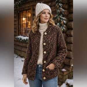 ALPS Chunky Knit Cardigan Women XL Multicolor Alpaca Mohair Button Front Neutral